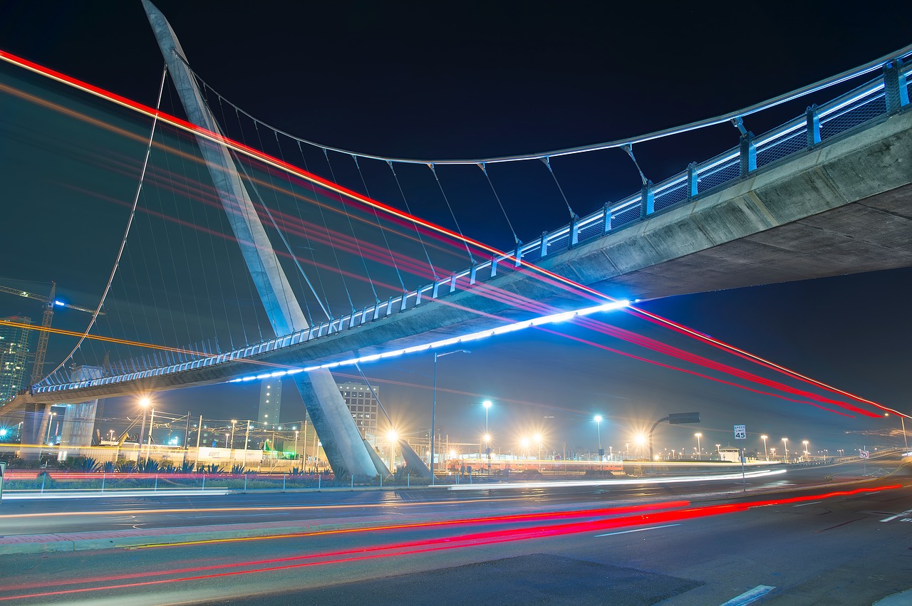 Elevated pedestrian bridge and roadworks